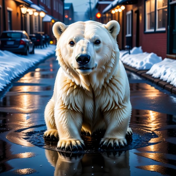 Photo of a polar bear in a gloves in the puddle