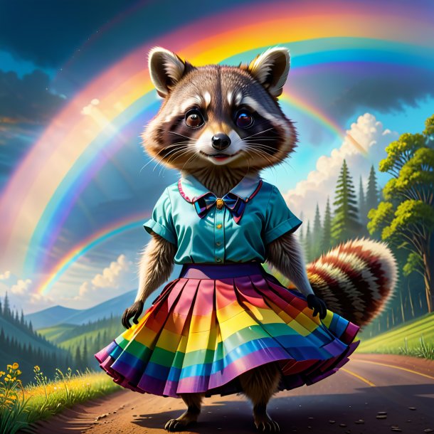 Illustration of a raccoon in a skirt on the rainbow