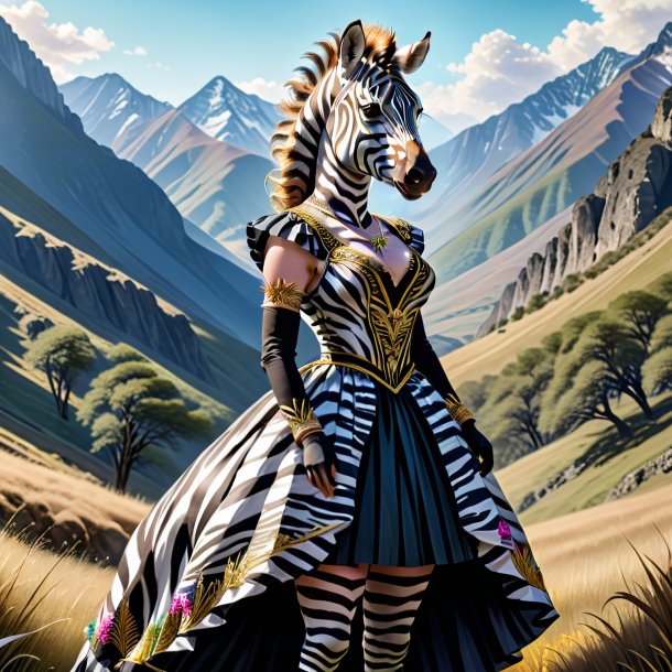 Drawing of a zebra in a dress in the mountains