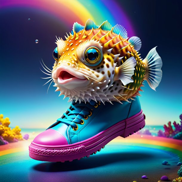 Illustration of a pufferfish in a shoes on the rainbow