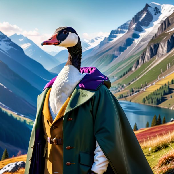 Picture of a goose in a coat in the mountains