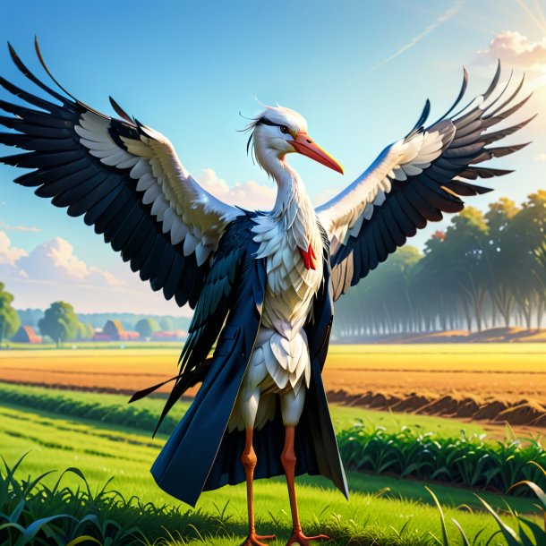 Illustration of a stork in a coat on the field