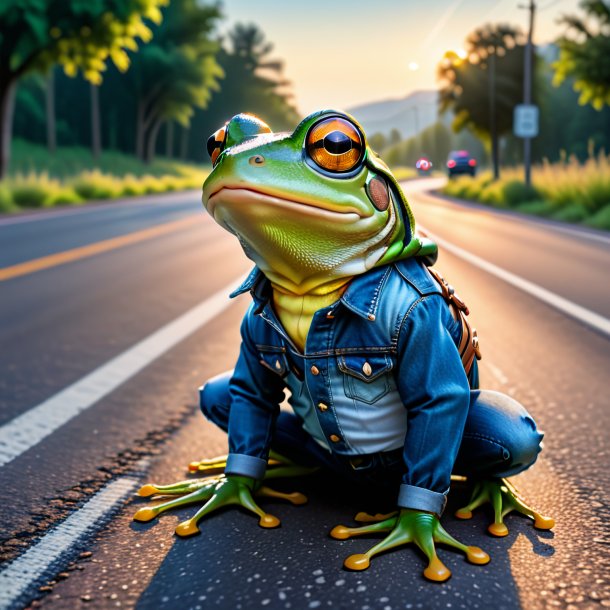 Фотография лягушки в джинсах на дороге
