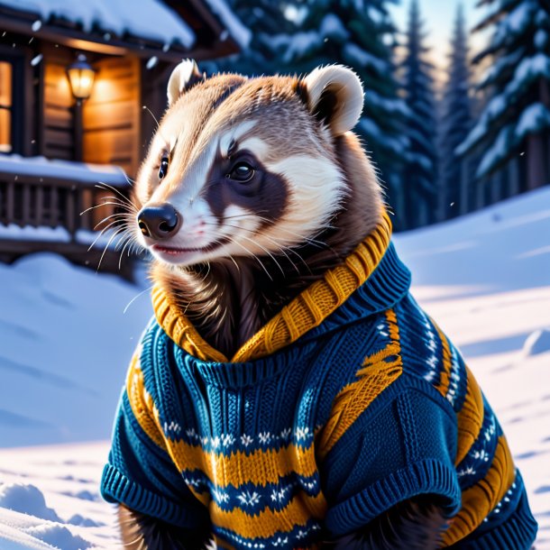 Pic of a badger in a sweater in the snow