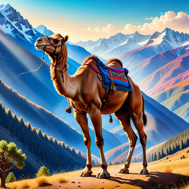 Dibujo de un camello en jeans en las montañas