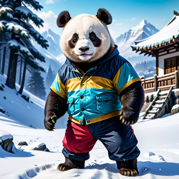 Image of a giant panda in a trousers in the snow