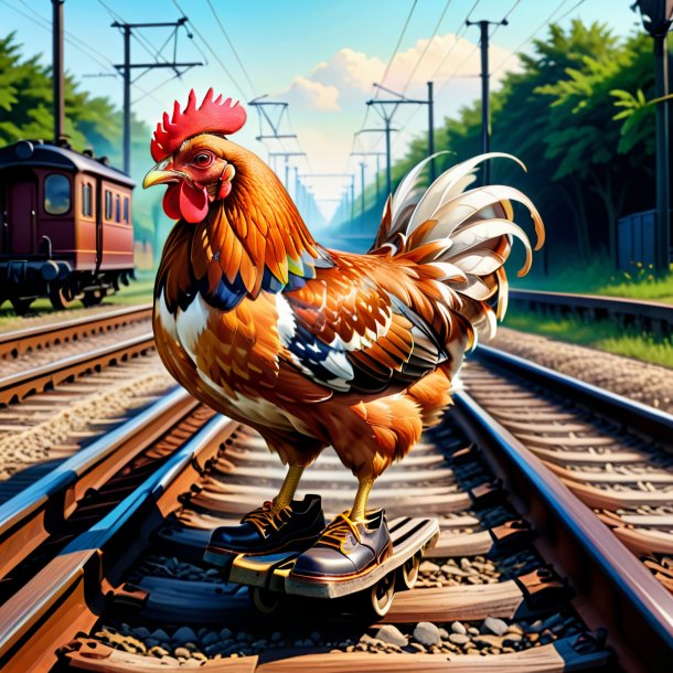 Drawing of a hen in a shoes on the railway tracks