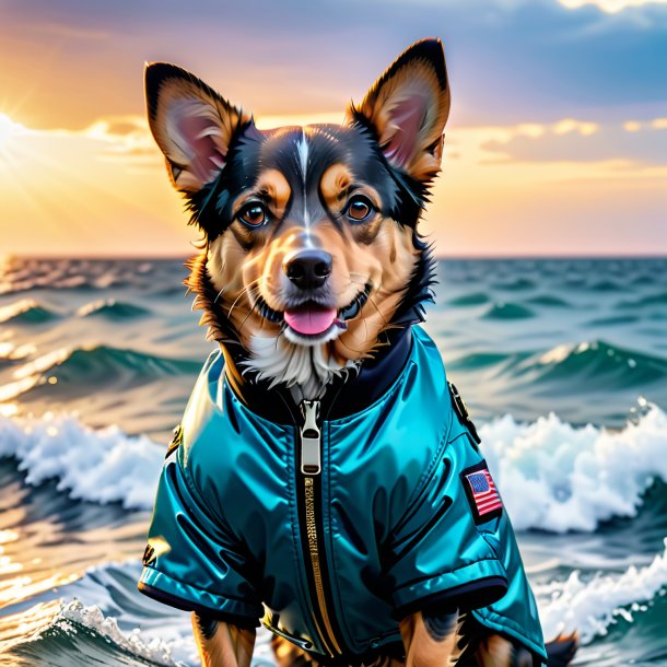 Image of a dog in a jacket in the sea