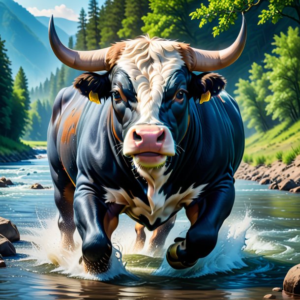 Image of a bull in a jeans in the river