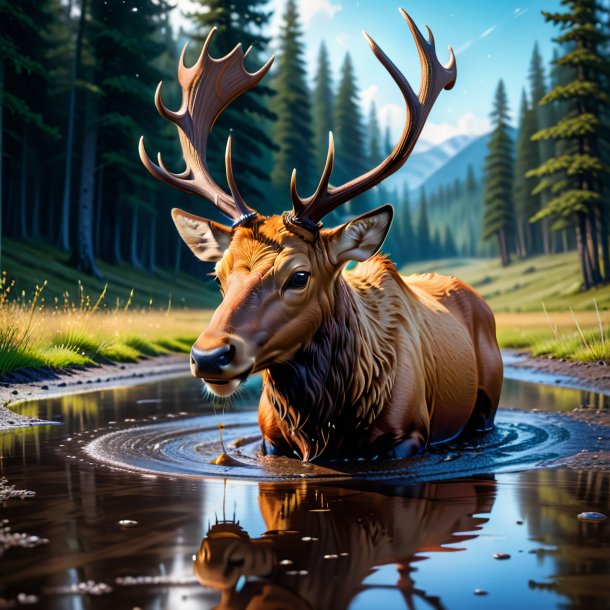 Drawing of a elk in a hat in the puddle