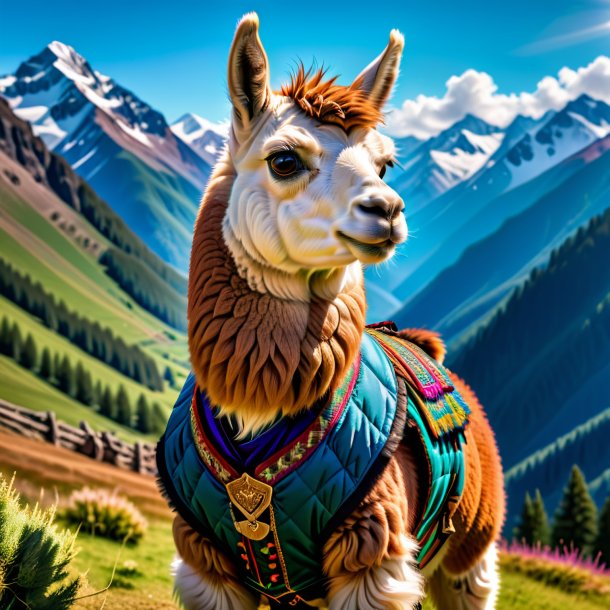 Picture of a llama in a vest in the mountains