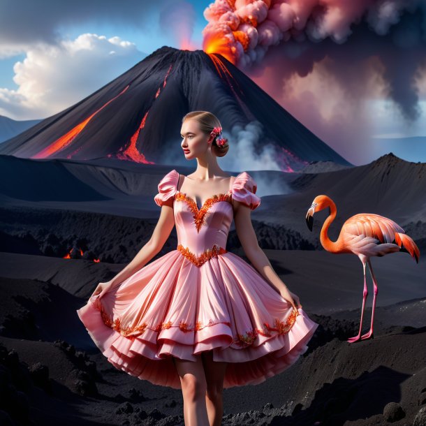 Photo of a flamingo in a dress in the volcano