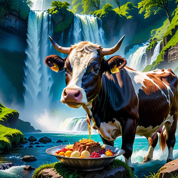 Photo of a eating of a cow in the waterfall