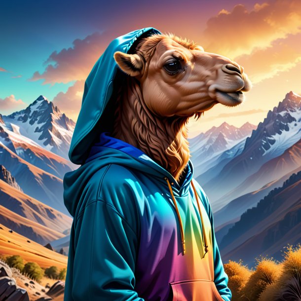 Ilustración de un camello en una sudadera con capucha en las montañas