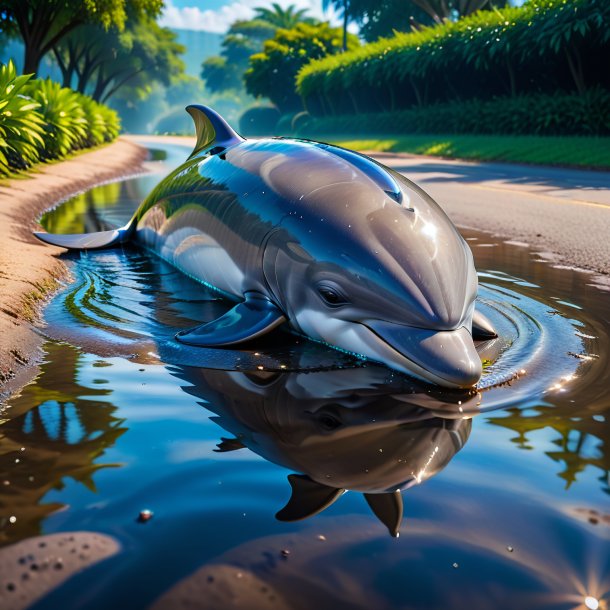 Photo of a sleeping of a dolphin in the puddle