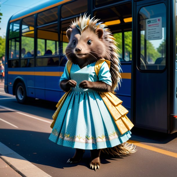 Image of a porcupine in a dress on the bus stop