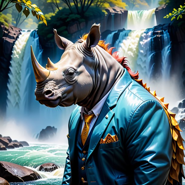 Photo of a rhinoceros in a jacket in the waterfall