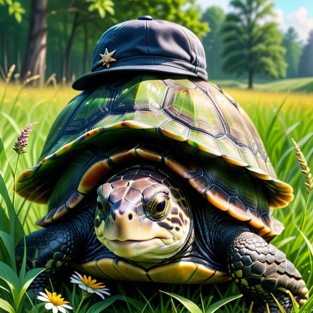 Image of a turtle in a cap in the meadow