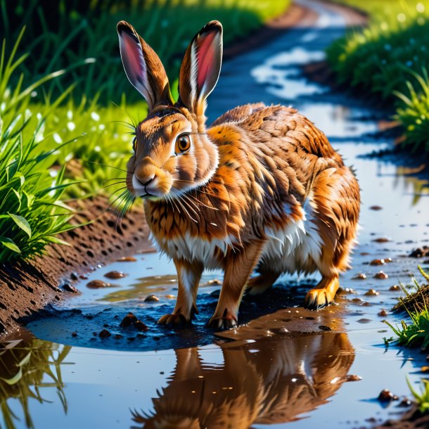 Picture of a eating of a hare in the puddle