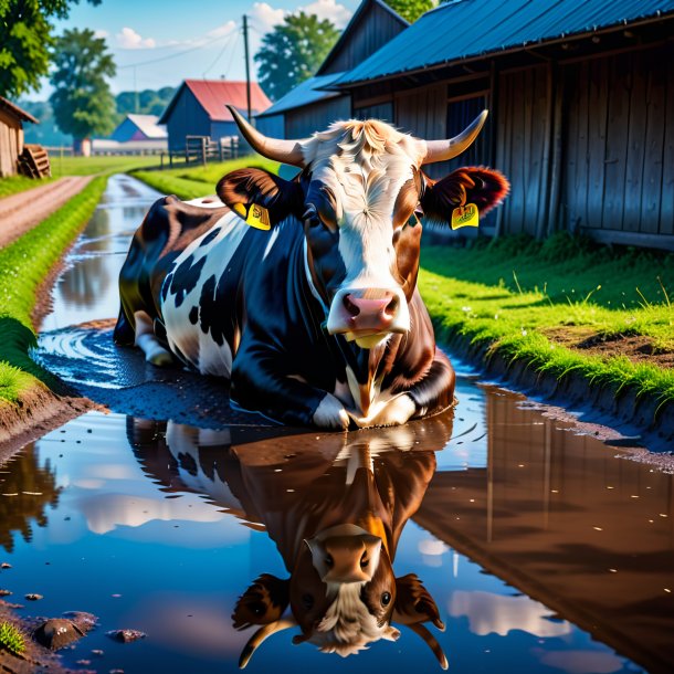 Photo of a resting of a cow in the puddle