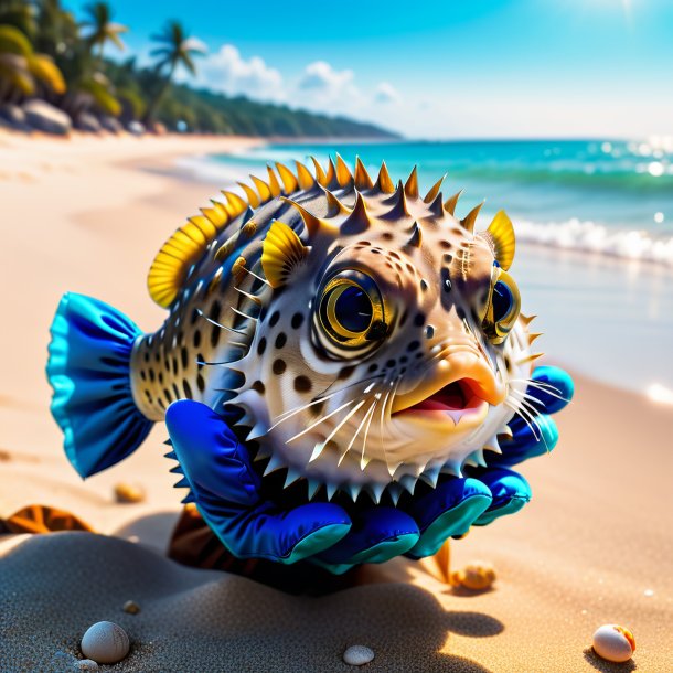 Pic of a pufferfish in a gloves on the beach