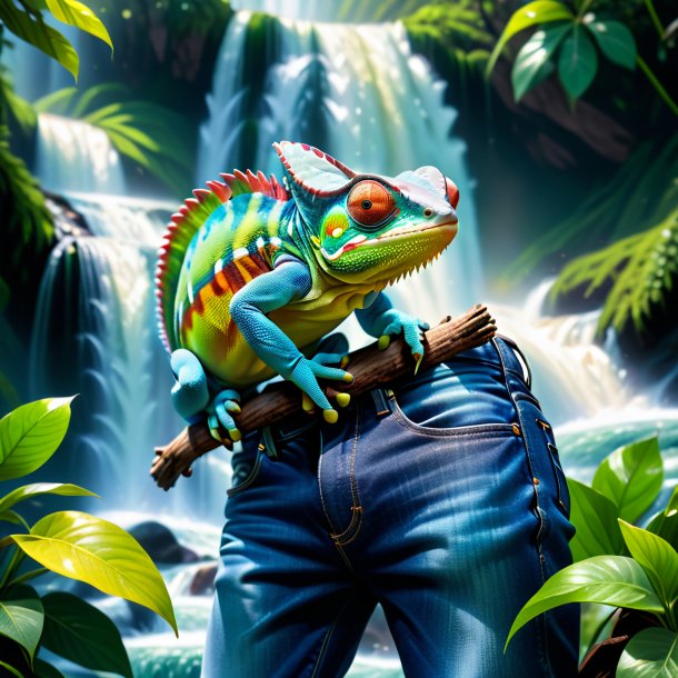 Photo of a chameleon in a jeans in the waterfall