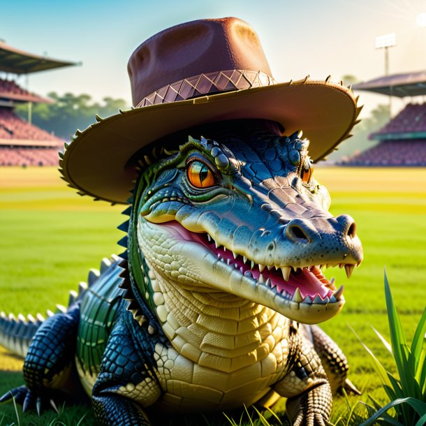 Pic of a crocodile in a hat on the field