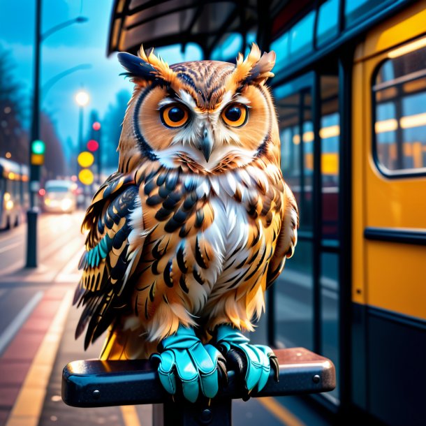 Photo of a owl in a gloves on the bus stop