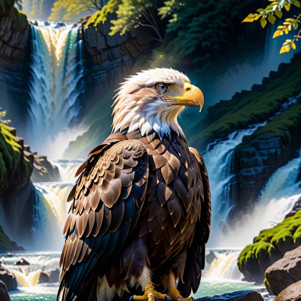 Picture of a eagle in a coat in the waterfall