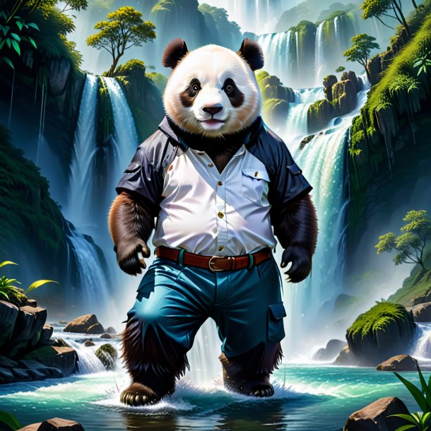 Illustration of a giant panda in a trousers in the waterfall