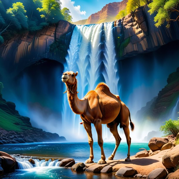 Image of a camel in a jeans in the waterfall