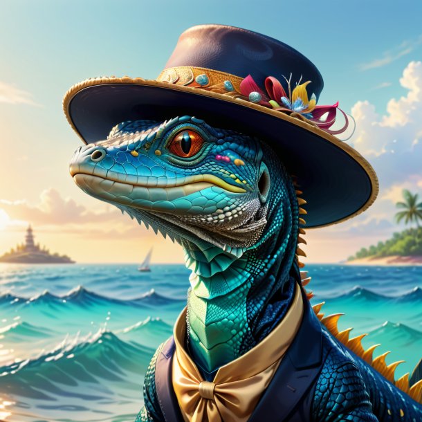 Drawing of a monitor lizard in a hat in the sea
