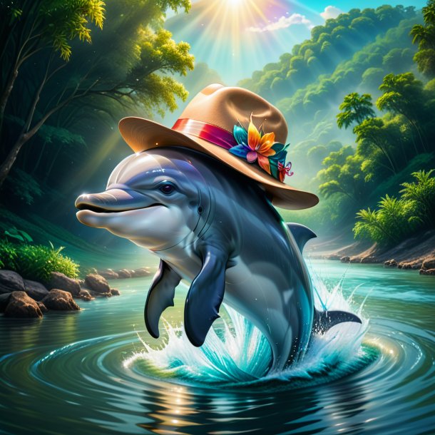 Drawing of a dolphin in a hat in the river
