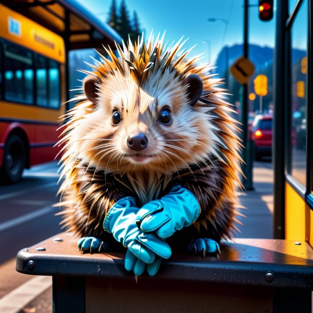 Picture of a porcupine in a gloves on the bus stop