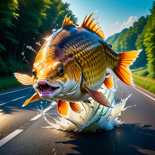 Picture of a jumping of a carp on the road