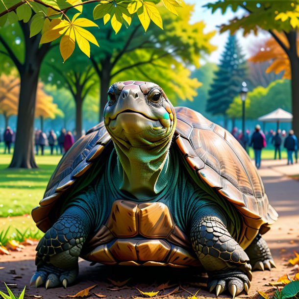 Drawing of a tortoise in a coat in the park
