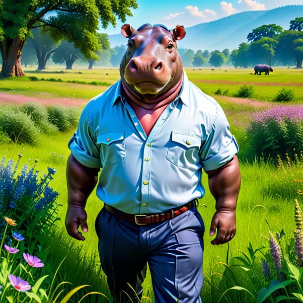Imagen de un hipopótamo en un pantalón en el prado