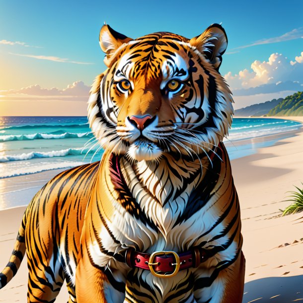Illustration of a tiger in a belt on the beach