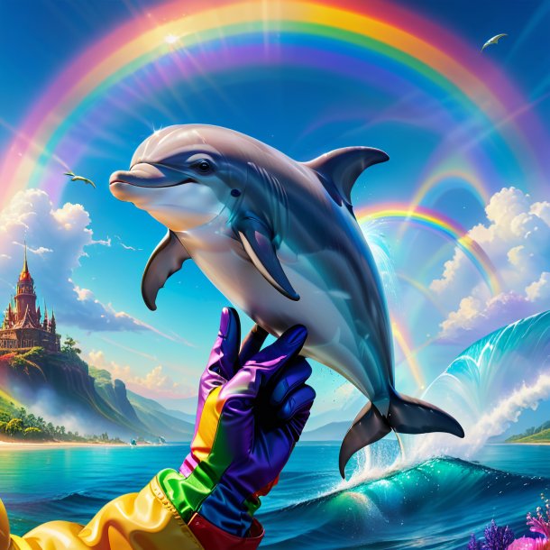 Illustration of a dolphin in a gloves on the rainbow