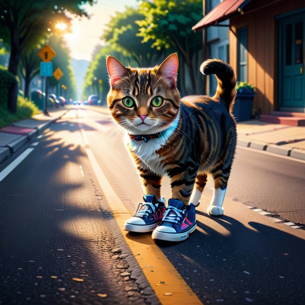 Drawing of a cat in a shoes on the road