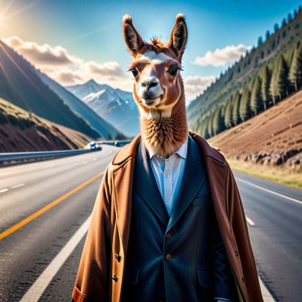 Image of a llama in a coat on the highway