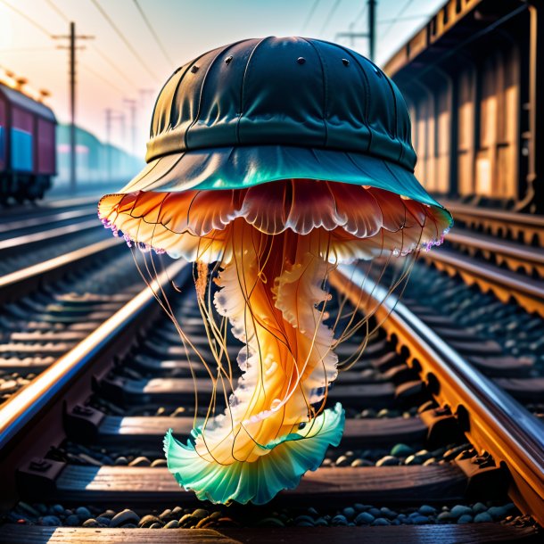 Photo d'une méduse dans une casquette sur les voies ferrées
