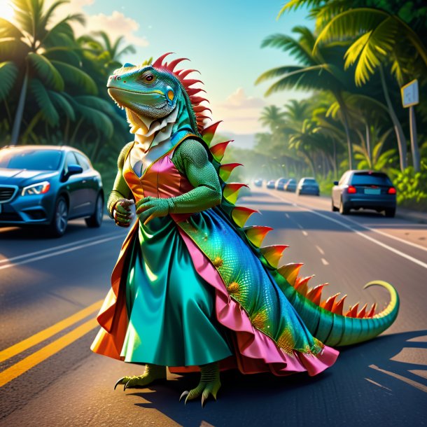 Ilustración de una iguana en un vestido en el camino