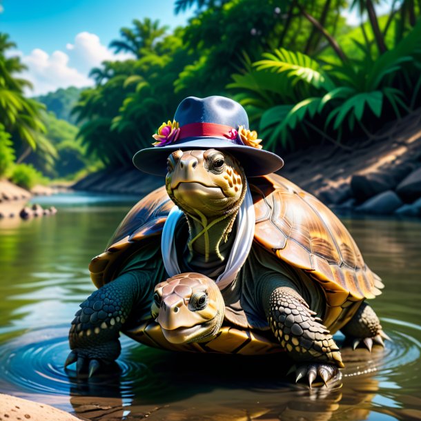 Picture of a tortoise in a hat in the river