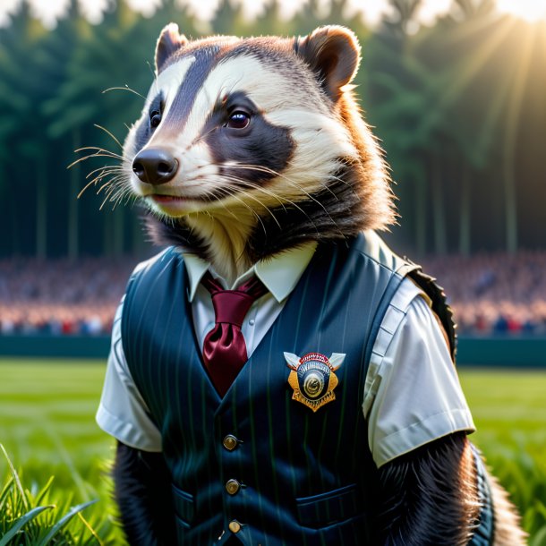 Photo of a badger in a vest on the field