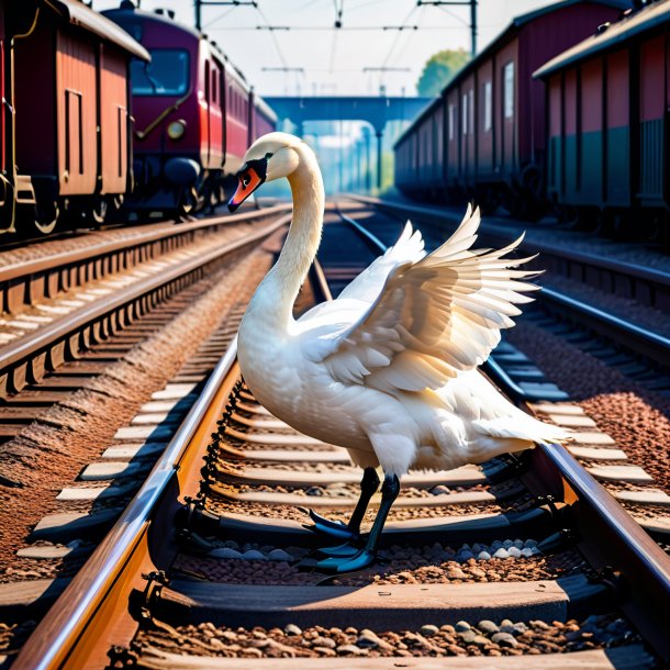 Imagem de um cisne em luvas nos trilhos ferroviários