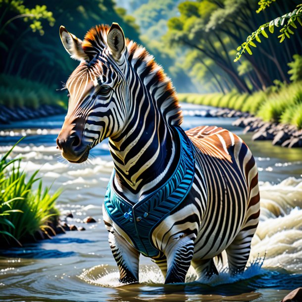 Image of a zebra in a vest in the river
