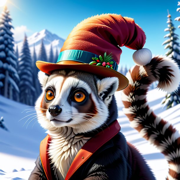Illustration of a lemur in a hat in the snow