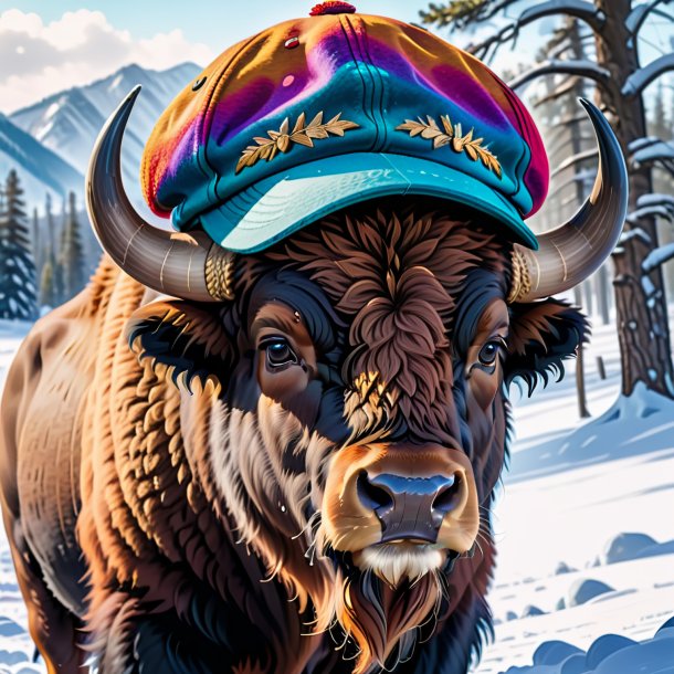 Drawing of a bison in a cap in the snow