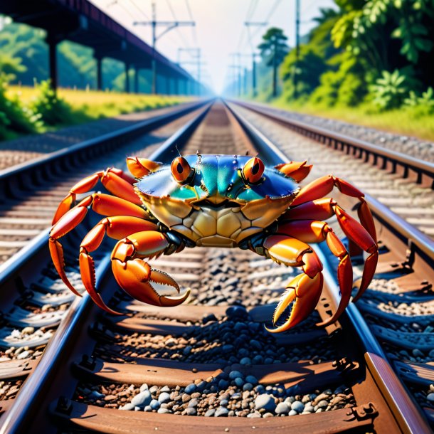 Image of a crab in a trousers on the railway tracks